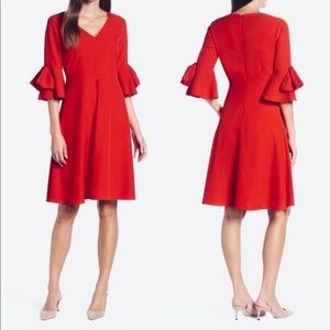 1901 Ruffle Bows Bell Sleeve A Line V Neck Red Holiday Cocktail Dress